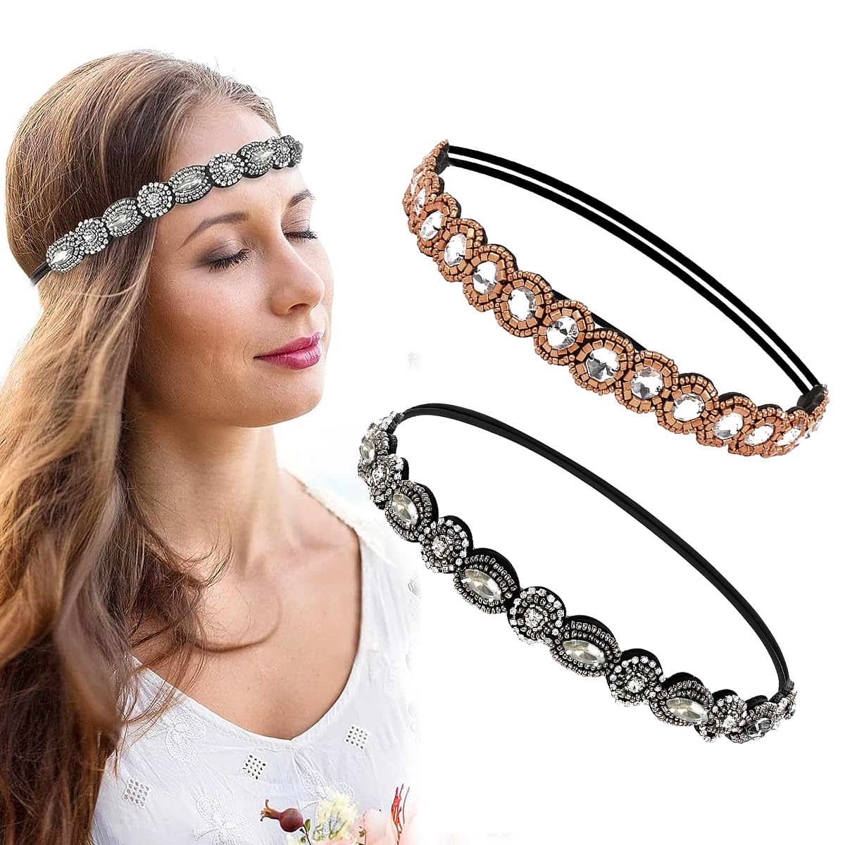 PALAY 2pcs Beaded Headband for Women, Crystal Rhinestone Elastic Hair Bands Fashion Handmade Headband for Girls Ladies Gift PALAY 2pcs Beaded Headband for Women, Crystal Rhinestone Elastic Hair Bands Fashion Handmade Headband for Girls Ladies Gift